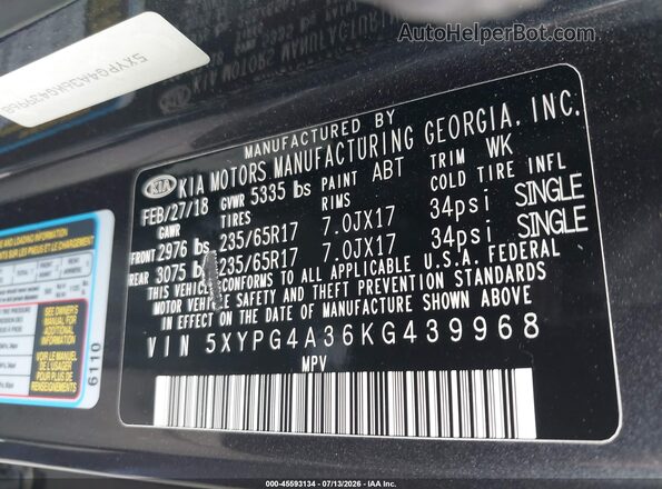 5XYPG4A36KG439968 2019 KIA SORENTO Black Widok komory silnika
