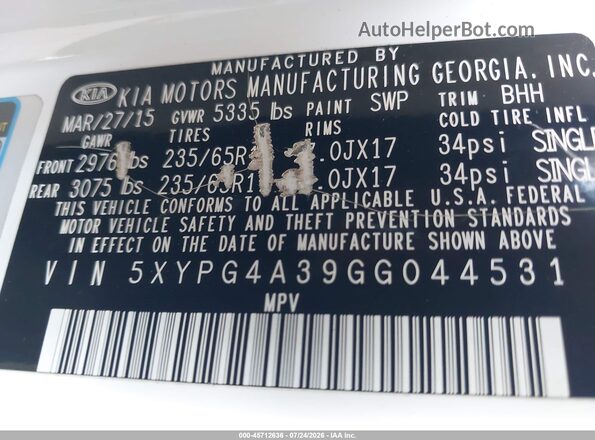 5XYPG4A39GG044531 2016 KIA SORENTO White Вид підкапотного простору