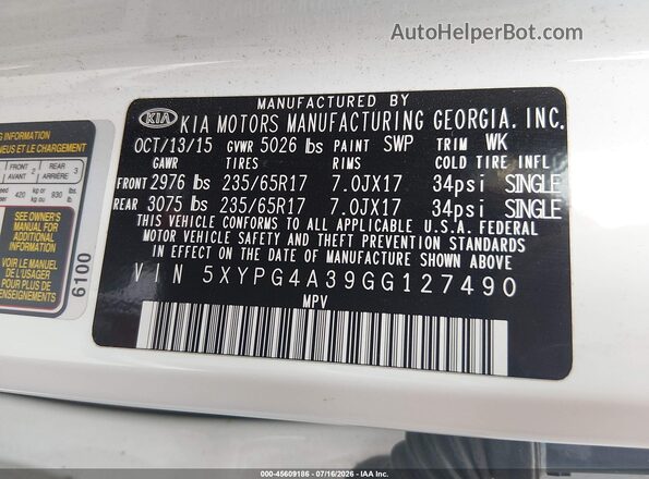 5XYPG4A39GG127490 2016 KIA SORENTO Белый Вид подкапотного пространства