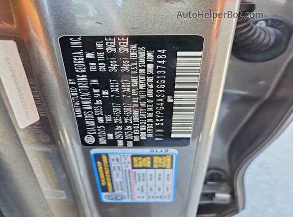 5XYPG4A39GG137484 2016 KIA SORENTO Charcoal VIN კოდის სტიკერის ხედი