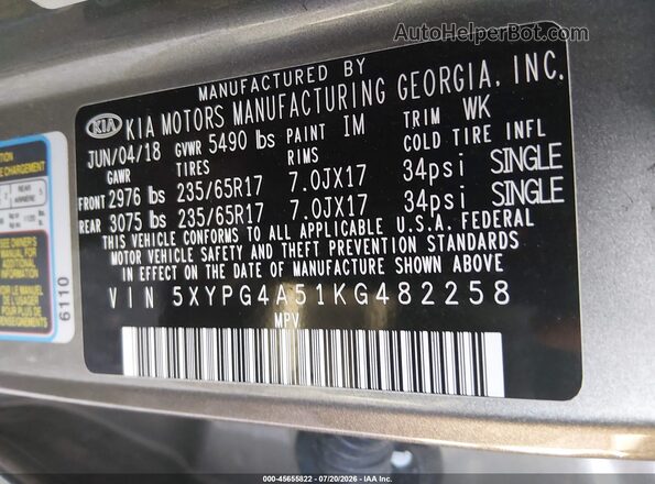 5XYPG4A51KG482258 2019 KIA SORENTO Gray Widok komory silnika