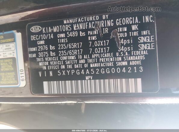 5XYPG4A52GG004213 2016 KIA SORENTO Burgundy Շարժիչի բաժամունքի տեսք