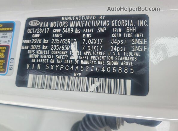 5XYPG4A52JG406885 2018 KIA SORENTO White Вид наклейки з VIN-кодом