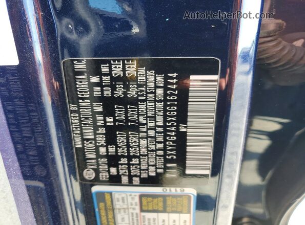 5XYPG4A5XGG162444 2016 KIA SORENTO Blue VIN კოდის სტიკერის ხედი