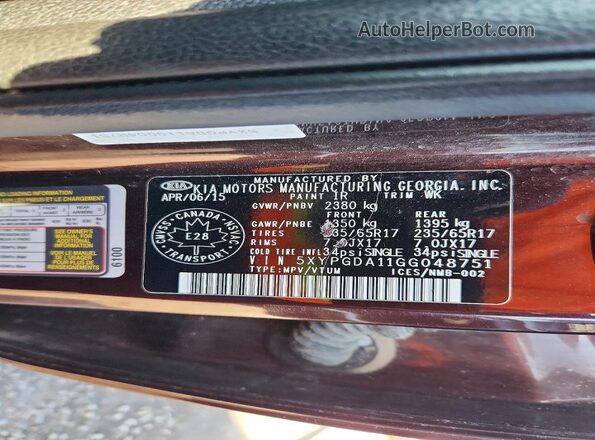 5XYPGDA11GG048751 2016 KIA SORENTO Burgundy VIN կոդի պիտակի տեսք
