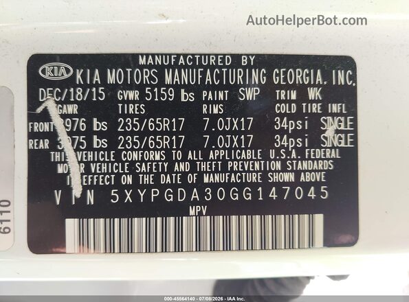 5XYPGDA30GG147045 2016 KIA SORENTO White Շարժիչի բաժամունքի տեսք