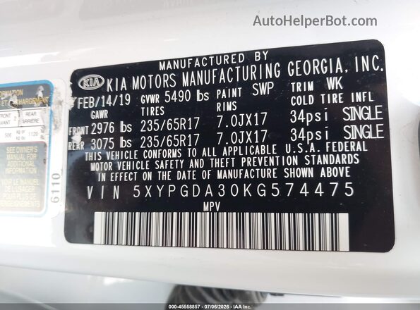 5XYPGDA30KG574475 2019 KIA SORENTO White Вид підкапотного простору