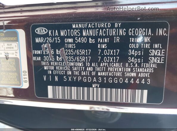 5XYPGDA31GG044443 2016 KIA SORENTO Burgundy Շարժիչի բաժամունքի տեսք