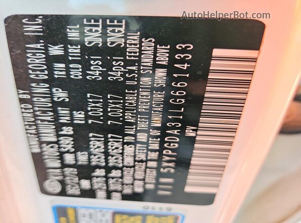 5XYPGDA31LG661433 2020 KIA SORENTO White VIN sticker view