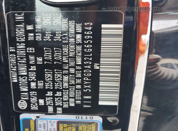 5XYPGDA32LG659643 2020 KIA SORENTO Black Vista de la etiqueta del VIN