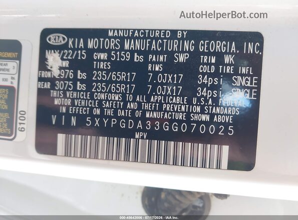 5XYPGDA33GG070025 2016 KIA SORENTO White ძრავის განყოფილების ხედი