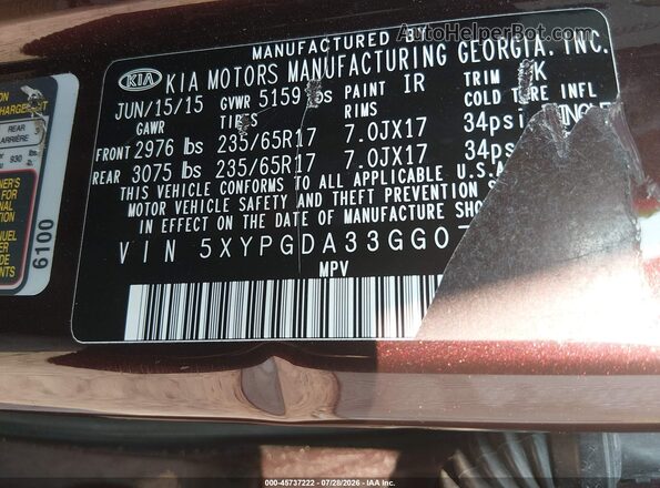 5XYPGDA33GG079453 2016 KIA SORENTO Maroon Շարժիչի բաժամունքի տեսք