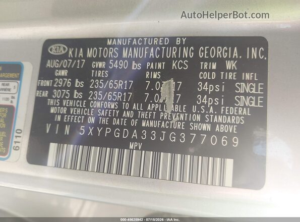 5XYPGDA33JG377069 2018 KIA SORENTO Silver Вид підкапотного простору