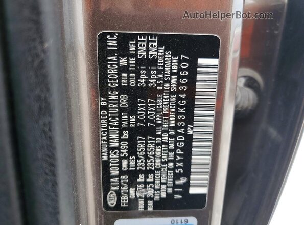 5XYPGDA33KG436607 2019 KIA SORENTO Beige Vista de la etiqueta del VIN