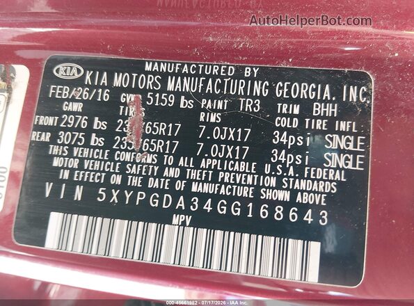 5XYPGDA34GG168643 2016 KIA SORENTO Red Вид підкапотного простору
