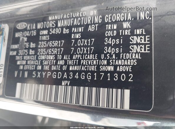 5XYPGDA34GG171302 2016 KIA SORENTO Black ძრავის განყოფილების ხედი