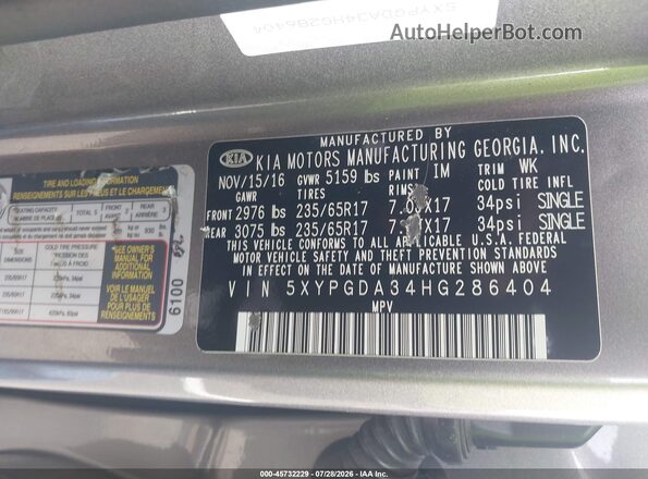 5XYPGDA34HG286404 2017 KIA SORENTO Gray VIN կոդի պիտակի տեսք