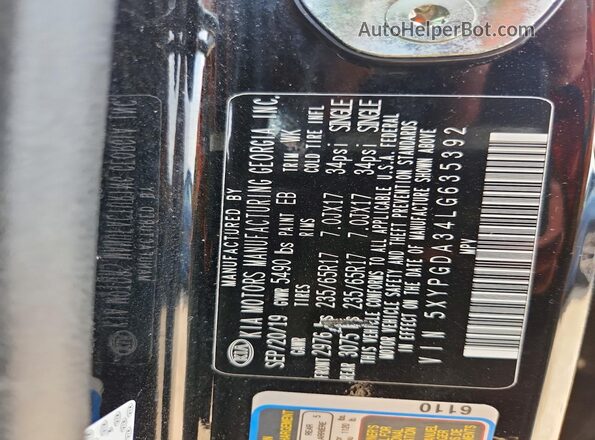 5XYPGDA34LG635392 2020 KIA SORENTO Black Widok komory silnika