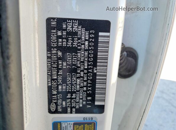 5XYPGDA35GG050293 2016 KIA SORENTO White Vista de la etiqueta del VIN