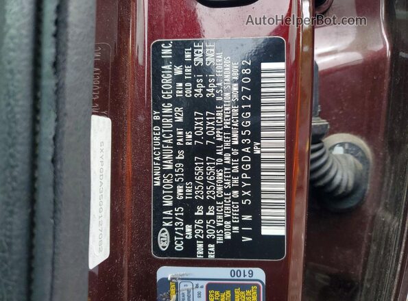 5XYPGDA35GG127082 2016 KIA SORENTO Бордовый Вид наклейки с VIN-кодом