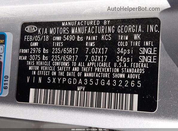 5XYPGDA35JG432265 2018 KIA SORENTO  Вид подкапотного пространства