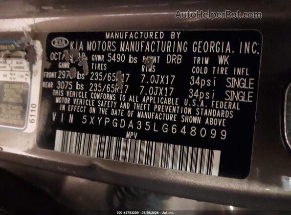 5XYPGDA35LG648099 2020 KIA SORENTO Brown Engine compartment view