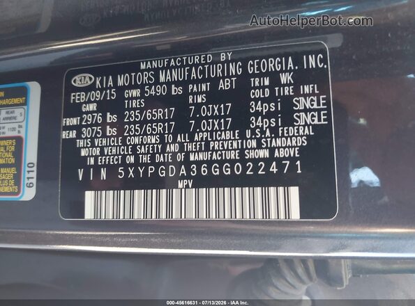 5XYPGDA36GG022471 2016 KIA SORENTO Black Vista del compartimento del motor