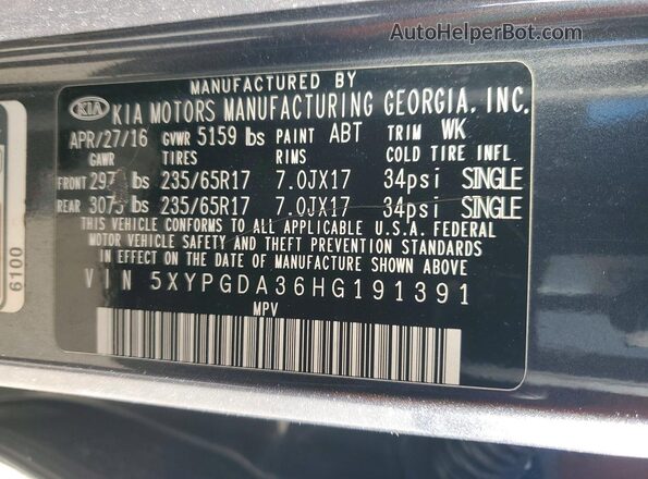 5XYPGDA36HG191391 2017 KIA SORENTO Серый Вид наклейки с VIN-кодом
