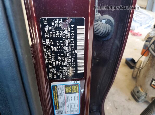 5XYPGDA36JG340274 2018 KIA SORENTO Burgundy VIN կոդի պիտակի տեսք