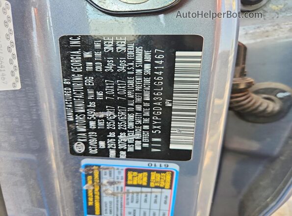 5XYPGDA36LG641467 2020 KIA SORENTO Gray Vista de la etiqueta del VIN