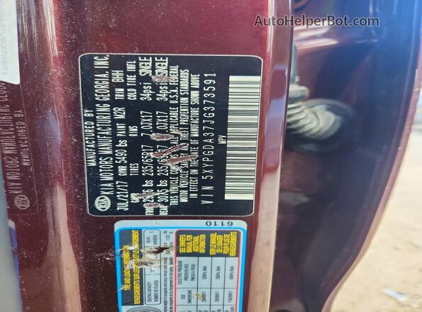 5XYPGDA37JG373591 2018 KIA SORENTO Maroon VIN კოდის სტიკერის ხედი