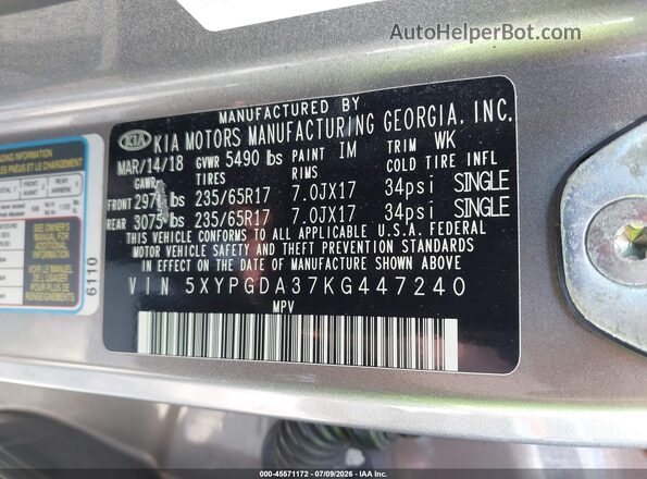 5XYPGDA37KG447240 2019 KIA SORENTO Gray Вид підкапотного простору