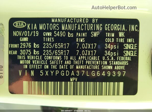 5XYPGDA37LG649397 2020 KIA SORENTO White Vista del compartimento del motor