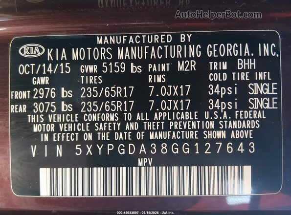 5XYPGDA38GG127643 2016 KIA SORENTO Burgundy Vista del compartimento del motor