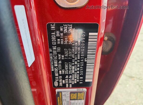 5XYPGDA38HG209907 2017 KIA SORENTO Red VIN կոդի պիտակի տեսք