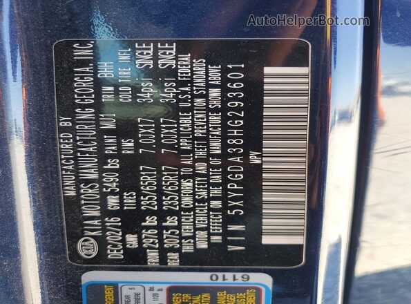 5XYPGDA38HG293601 2017 KIA SORENTO Blue VIN կոդի պիտակի տեսք