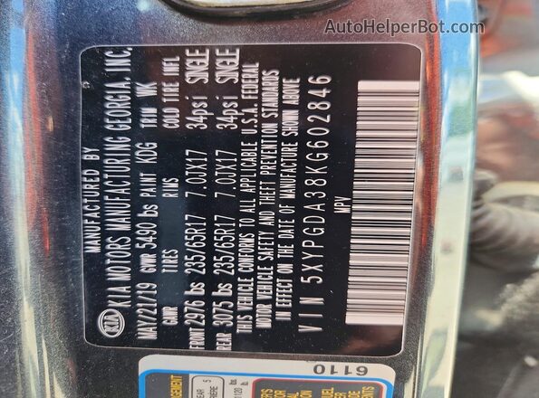 5XYPGDA38KG602846 2019 KIA SORENTO Gray Widok naklejki z numerem VIN