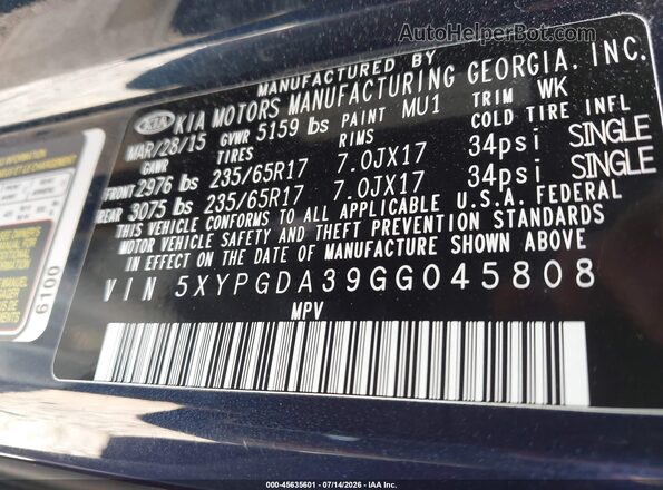 5XYPGDA39GG045808 2016 KIA SORENTO Blue Vista del compartimento del motor