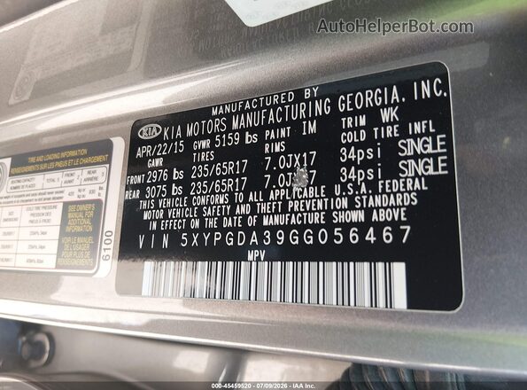 5XYPGDA39GG056467 2016 KIA SORENTO Gray Vista del compartimento del motor