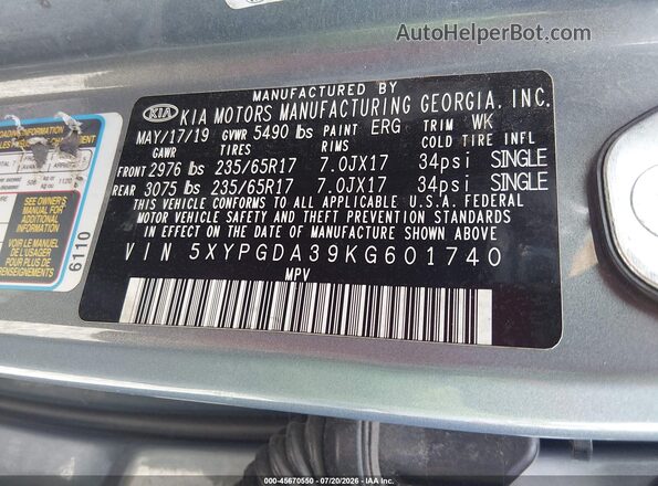 5XYPGDA39KG601740 2019 KIA SORENTO Pewter Вид підкапотного простору