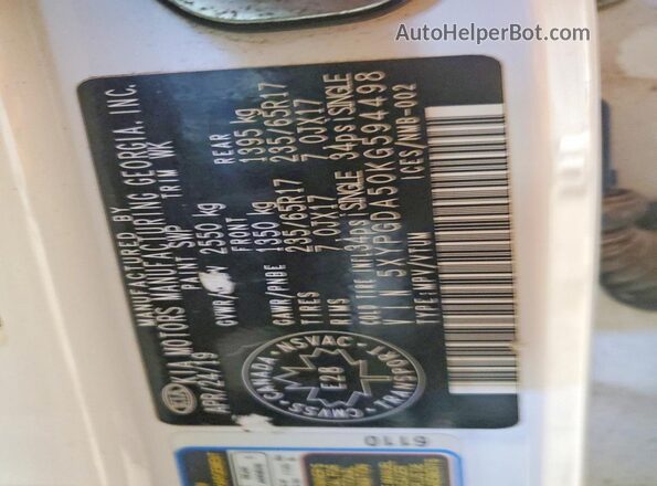 5XYPGDA50KG594498 2019 KIA SORENTO White VIN sticker view