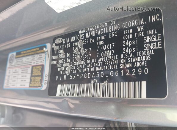 5XYPGDA50LG612290 2020 KIA SORENTO Silver Widok komory silnika
