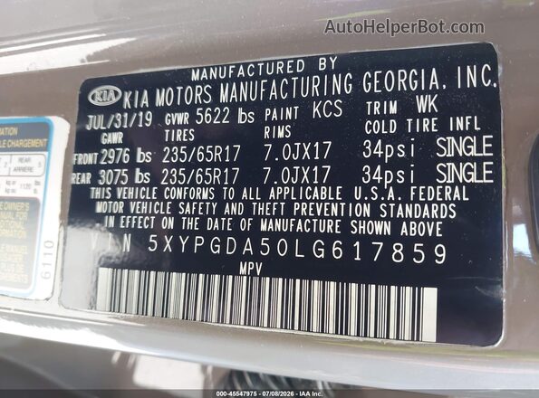 5XYPGDA50LG617859 2020 KIA SORENTO Brown Vista del compartimento del motor