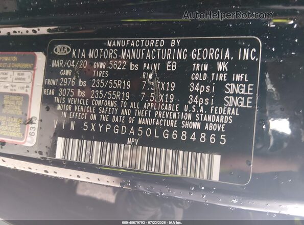 5XYPGDA50LG684865 2020 KIA SORENTO Black Вид підкапотного простору