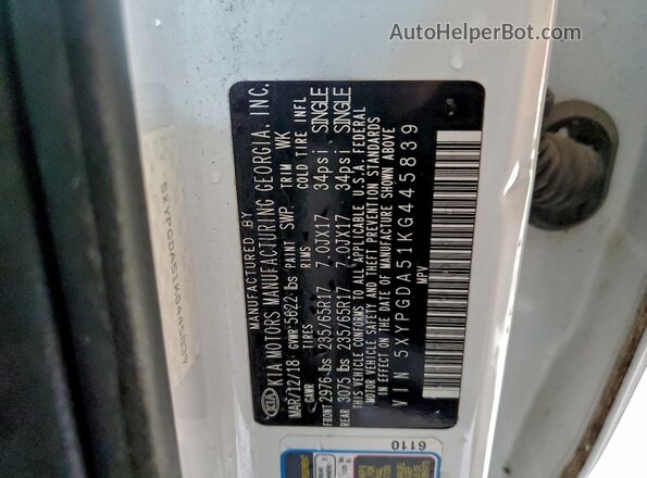 5XYPGDA51KG445839 2019 KIA SORENTO White VIN კოდის სტიკერის ხედი