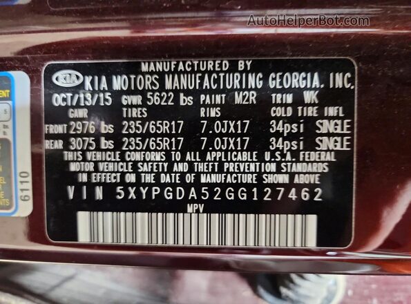 5XYPGDA52GG127462 2016 KIA SORENTO Burgundy Vista de la etiqueta del VIN