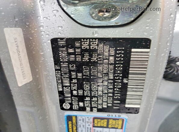 5XYPGDA52HG315531 2017 KIA SORENTO Silver Widok naklejki z numerem VIN