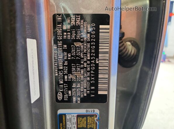 5XYPGDA52HG320650 2017 KIA SORENTO Silver Widok naklejki z numerem VIN