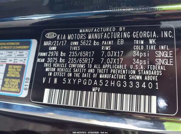 5XYPGDA52HG333401 2017 KIA SORENTO Black Widok komory silnika