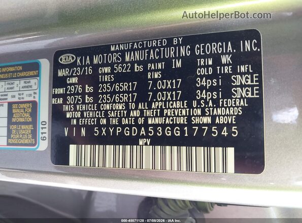 5XYPGDA53GG177545 2016 KIA SORENTO Gray Շարժիչի բաժամունքի տեսք